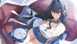 1girl absurdres black_hair blue_eyes blue_shorts breasts cleavage couch crop_top hair_between_eyes hair_intakes hair_ribbon highres hololive hololive_english kronie_(ouro_kronii) long_braid long_hair on_couch ouro_kronii pillow ribbon short_shorts shorts sitting tank_top thighs virtual_youtuber white_ribbon white_tank_top yoellim5
