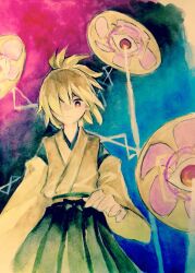 1girl blonde_hair bow bright_pupils brown_eyes closed_mouth commentary_request cowboy_shot detached_sleeves flat_chest green_hakama hair_over_one_eye hakama hakama_skirt japanese_clothes kaigen_1025 kimono long_sleeves painting_(medium) ponytail skirt sleeveless sleeveless_kimono touhou touhou_(pc-98) traditional_media watercolor_(medium) white_pupils wide_sleeves yellow_kimono yellow_sleeves yuugenmagan