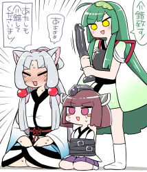 3girls animal_ears assisted_seppuku belt blush blush_stickers closed_eyes crying crying_with_eyes_open dildo fox_ears green_hair highres japanese_clothes kimono long_hair medium_hair multiple_girls muneate pink_eyes rantana_(lalalalackluster) restrained seiza seppuku sex_toy siblings sisters sitting sweat tears touhoku_itako touhoku_kiritan touhoku_zunko voiceroid yellow_eyes