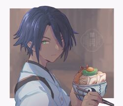 1boy blue_hair border bowl brown_background chopsticks closed_mouth commentary_request dark-skinned_male dark_skin donguri_bakudan food green_eyes hair_over_one_eye highres holding holding_bowl holding_chopsticks holding_food ikaruga_(rune_factory) looking_at_viewer male_focus outside_border rune_factory rune_factory:_guardians_of_azuma short_hair solo upper_body white_border