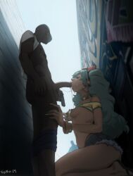1boy 1girl 1other absurdres alley aqua_hair backlighting bangle bare_legs bead_choker big.boss.requiem blue_sky bracelet brazil brazilian_miku breasts breasts_out closed_eyes clothes_pull commentary crop_top cum cum_in_mouth cum_overflow cum_string cutoffs dark-skinned_female dark-skinned_male dark_nipples dark_skin denim denim_shorts earrings english_commentary erection fellatio fingernails flip-flops flower from_below gold_choker gold_earrings grabbing_own_breast graffiti green_nails gun hair_flower hair_ornament handgun hatsune_miku hibiscus highres holding holding_gun holding_weapon implied_prostitution interracial jewelry kneeling long_fingernails long_hair multicolored_nails multiple_bracelets navel nipple_stimulation nipple_tweak nipples no_bra off_shoulder oral panty_straps penis perky_breasts public_indecency rectangular_earrings sandals shirt short_shorts shorts shorts_pull sky small_breasts solo_focus twintails uncensored very_dark_skin vocaloid weapon yellow_nails yellow_shirt