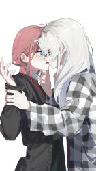 2girls absurdres after_kiss black_jacket blue_eyes blush brown_hair commentary earclip english_commentary eye_contact girls_band_cry grey_eyes grey_hair grey_jacket highres holding_another&#039;s_wrist iseri_nina jacket kawaragi_momoka long_hair long_sleeves looking_at_another low_twintails multicolored_hair multiple_girls open_clothes open_jacket open_mouth plaid_clothes plaid_jacket red_sweater roots_(hair) saliva saliva_trail short_hair short_twintails simple_background sweatdrop sweater twintails white_background ydpfa yuri