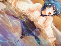 1boy arm_grab between_breasts blue_hair blush breasts censored clothes_between_breasts clothing_aside cum cum_in_pussy cum_on_body cum_on_breasts cum_on_hair cum_on_upper_body facial half-closed_eyes haramasete_seiryuu-kun! hetero large_breasts lilith-soft nipples one-piece_swimsuit open_mouth partially_submerged pool pov sex short_hair suzaku_natsuhime swimsuit swimsuit_aside vaginal water wet