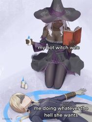 2girls absurdres artist_name black_dress black_leggings blonde_hair blue_eyes blue_fire blue_jacket book breasts candle cleavage colored_eyelashes dark-skinned_female dark_skin dress duchess_(elden_ring) elden_ring elden_ring_nightreign eye_mask fire gloves hat highres holding holding_candle jacket kneeling large_breasts large_hat leggings linhcoris lying magic_circle meme multiple_girls my_hot_witch_wife_(meme) on_back pantyhose ponytail purple_dress purple_sleeves recluse_(elden_ring) ritual small_breasts spell very_dark_skin white_eyelashes white_gloves witch_hat