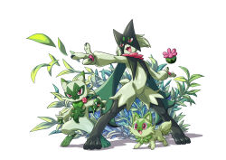 Rule 34 | :d, absurdres, commentary request, evolutionary line, fang, fish.boy, floragato, highres, legs apart, meowscarada, nintendo, open mouth, pointing, pokemon, pokemon (creature), smile, sprigatito, standing, tongue
