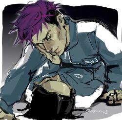 Rule 34 | 2boys, black eyes, black hair, black nails, border, boy on top, clothes writing, commentary, english commentary, green jumpsuit, hand on another&#039;s face, highres, implied yaoi, jewelry, jumpsuit, looking at another, lying, lying on person, markkrpg, multicolored hair, multiple boys, nam-gyu, on back, on ground, purple hair, ring, sideburns, squid game, striped clothes, thanos (squid game), two-tone hair, white border, zipper