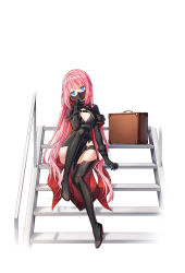 Rule 34 | 1girl, black boots, black gloves, black shirt, black thighhighs, blue eyes, boots, breasts, cape, cleavage, closers, crop top, full body, gloves, hand up, head rest, head tilt, high heel boots, high heels, highres, knee up, long hair, long sleeves, looking to the side, mask, medium breasts, midriff, mouth mask, official art, pelvic curtain, pink hair, seulbi lee, shirt, simple background, sitting, solo, stairs, thigh boots, thighhighs, thighs, very long hair, white background