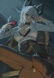 1girl alcohol black_bra black_choker black_horns black_pants black_shoes black_tail bra breasts chair choker cleavage commentary cup curled_horns drinking_glass earrings figure_four_sitting high-waist_pants highres holding holding_cup horns jewelry large_breasts looking_at_viewer medium_hair naixorth pants partially_unbuttoned red_eyes red_wine shirt shoes single_earring sitting solo unbuttoned underwear white_hair white_shirt wine wine_glass wuthering_waves zani_(wuthering_waves)