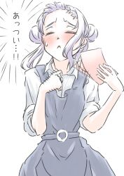 1girl absurdres arashi_chisato bangs_blown_up blush collared_shirt commentary_request cowboy_shot double_bun dress dress_shirt facing_viewer fanning_self frown grey_dress hair_bun highres holding holding_paper hot long_hair love_live! love_live!_superstar!! motion_lines paper pinafore_dress pleated_dress raised_inner_eyebrows school_uniform shirt short_sleeves sidelocks simple_background sleeveless sleeveless_dress sleeves_rolled_up solo speed_lines twintails uduki_fuji white_background white_hair white_shirt yuigaoka_school_uniform