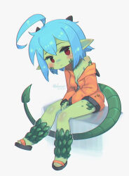 Rule 34 | 1girl, :&lt;, ahoge, artist name, between legs, blue hair, blush, borrowed character, breasts, cleavage, colored skin, commentary, dated, desk, english commentary, flip-flops, green skin, grey background, hair between eyes, hand between legs, highres, horns, jessu (average-hanzo), long sleeves, looking at viewer, medium breasts, monster girl, no pants, on desk, orange shirt, original, partially unzipped, pointy ears, porforever, red eyes, sandals, scales, shirt, short hair, simple background, single bare shoulder, single off shoulder, sitting, solo, tail