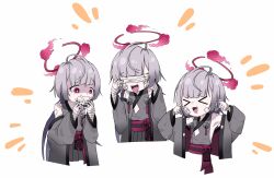 &gt;_&lt; 3girls :d bandaged_arm bandaged_hand bandages bell black_nails blindfold blue_archive commentary_request covered_mouth finger_in_ear gauze gauze_on_cheek grey_hair grey_sleeves halo highres jingle_bell long_hair multiple_girls multiple_persona obi open_mouth purple_eyes sash shuro_(blue_archive) sideless_kimono simple_background smile three_monkeys tongue tongue_out unyu-nyu white_background xd