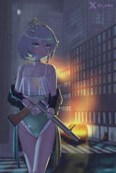 Rule 34 | 1girl, absurdres, bikini, black jacket, cecilia immergreen, cecilia immergreen (holonatsu paradise), city, doll joints, green bikini, green eyes, grey hair, gun, highres, holding, holding gun, holding weapon, hololive, hololive english, jacket, joints, looking at viewer, medium hair, navel, night, official alternate costume, outdoors, rain, s aeho, shotgun, solo, swimsuit, virtual youtuber, weapon, wet, winding key