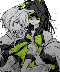 2girls angry animal_ears arknights black_gloves black_hair carrying carrying_person cat_ears coat commentary_request detached_collar dirty dress gloves green_dress green_eyes hair_intakes highres kal&#039;tsit_(arknights) limited_palette match_bou_(match_match03) material_growth mon3tr_(arknights) multiple_girls off_shoulder oripathy_lesion_(arknights) short_hair sleeveless sleeveless_dress white_hair