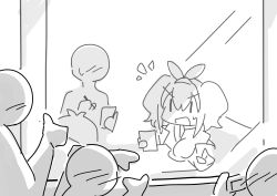 absurdres azur_lane breasts breasts_out bremerton_(azur_lane) bremerton_(day-off_date)_(azur_lane) chibi embarrassed faceless greyscale highres monochrome open_mouth outdoors sleepy_frippy taking_order twintails waiter