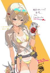 Rule 34 | 1977 oj3, 1girl, ahoge, beads, beer can, bikini, blonde hair, bracelet, breasts, can, commentary, drink can, english commentary, goddess of victory: nikke, gold bikini, hair beads, hair ornament, heart, heart-shaped eyewear, highres, jewelry, liter (nikke), micro bikini, midriff, navel, necklace, screwdriver, see-through clothes, see-through shirt, shirt, small breasts, swimsuit, tan, tanline, tied shirt, tools, translation request, volt (nikke), white shirt