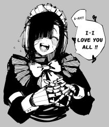 Rule 34 | 10 4 (10f0ur), 1girl, absurdres, android, black hair, blunt bangs, bow, bowtie, c-bas, closed eyes, english text, flying sweatdrops, frills, grey background, hair over one eye, heart, highres, maid, open mouth, original, raised eyebrows, robot ears, robot girl, smile, solo, speech bubble, spoken heart, steepled fingers, teeth, tongue, upper body