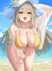 1girl absurdres arm_up bent_over bikini blue_archive blue_sky blush breasts brown_hair cleavage cloud cloudy_sky collarbone commentary_request front-tie_bikini_top front-tie_top green_eyes green_halo hair_between_eyes halo halterneck hand_on_own_thigh hanging_breasts hat highres horizon huge_breasts large_breasts leaning_forward long_hair long_sleeves looking_at_viewer nacho_(nacho_1103) nonomi_(blue_archive) nonomi_(swimsuit)_(blue_archive) ocean official_alternate_costume open_mouth outdoors see-through_clothes see-through_shirt shirt single_bare_shoulder single_off_shoulder sky smile solo sun_hat swimsuit thighs white_hat yellow_bikini
