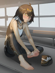1girl absurdres arknights barefoot black_hair blush feet highres medium_hair operatorut plume_(arknights) shoes single_shoe soles toes unworn_shoes yellow_eyes