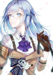 Rule 34 | 1girl, absurdres, alternate hairstyle, ascot, blue eyes, blue hair, brown gloves, brown jacket, brown sleeves, detective, fu hua, fu hua (hawk of the fog), fu hua (valkyrie accipiter), gloves, grey hair, highres, honkai (series), honkai impact 3rd, jacket, kinose karari, long hair, long sleeves, low-tied long hair, low ponytail, monocle, official alternate costume, open clothes, open jacket, ponytail, purple ascot, shirt, simple background, solo, upper body, white background, white shirt