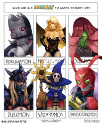 Rule 34 | banchostingmon, blonde hair, colored skin, digimon, digimon (creature), digimon legendary skies, duskmon, green eyes, green skin, hat, kokuwamon, looking at viewer, monster girl, nutufumon, oleamon, petals, plant girl, sharp teeth, teeth, wizard hat, wizarmon