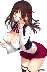 1girl adjusting_eyewear artist_name blush book bow bowtie braid breasts brown_hair choker cleavage commentary_request female_focus hair_ribbon holding holding_book holding_removed_eyewear kneehighs large_breasts leaning_forward librarian long_hair looking_at_viewer mataro_(matarou) midriff miniskirt open_clothes open_shirt original pleated_skirt red_eyes red_skirt ribbon shirt single_braid skirt socks solo standing striped_bow striped_bowtie striped_clothes striped_neckwear thighs unbuttoned unbuttoned_shirt unworn_eyewear white_shirt