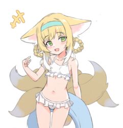Rule 34 | 1girl, animal ear fluff, animal ears, arknights, arm up, bikini, blonde hair, blue hairband, braid, breasts, fox ears, fox girl, fox tail, green eyes, hair rings, hairband, innertube, jalm, long hair, multiple tails, navel, open mouth, small breasts, smile, solo, stomach, suzuran (arknights), swim ring, swimsuit, tail, thighs, white bikini