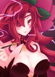 1girl bare_shoulders breasts brown_eyes choker cleavage detached_sleeves eyepatch female_focus highres holding kiseru kokoro_rokoko large_breasts long_hair long_sleeves majo_to_hyakkihei mole mole_under_eye parted_lips red_hair smile smoke smoking_pipe solo upper_body valentine_(majo_to_hyakkihei)