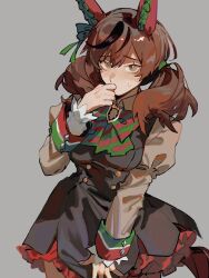 Rule 34 | 1girl, akmizuk, animal ears, black dress, bow, bowtie, breasts, brown eyes, brown hair, brown shirt, commentary, cowboy shot, diagonal-striped bow, diagonal-striped bowtie, diagonal-striped clothes, dress, ear covers, english commentary, frilled dress, frills, green bow, green bowtie, grey background, hair tie, hand to own mouth, highres, horse ears, horse girl, juliet sleeves, long sleeves, multicolored bow, multicolored bowtie, nice nature (umamusume), puffy sleeves, red bow, red bowtie, shirt, simple background, sleeve cuffs, sleeveless, sleeveless dress, solo, striped bow, striped bowtie, striped clothes, tail, twintails, two-tone bow, two-tone bowtie, umamusume