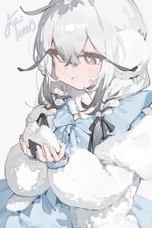 absurdres ahoge black_hair black_ribbon blue_dress braid brown_eyes chewing coat collared_dress colored_tips crossed_bangs dress earmuffs eating food food_bite food_on_face fur_coat fur_scarf grey_background hair_ribbon highres holding holding_food long_hair long_sleeves looking_at_food monoco55 multicolored_hair onigiri original ribbon rice rice_on_face scarf thick_eyebrows twin_braids two-tone_hair white_coat white_hair white_scarf