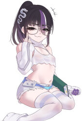 +++ 1girl :3 absurdres bandaid bandaids_on_nipples belt black_hair book cchiii cleavage_cutout clothing_cutout commentary_request cosplay cropped_shirt detached_sleeves dinosaur_footprints dragon dragon_hair_ornament flat_chest full_body glasses goddess_of_victory:_nikke hair_over_one_eye hand_up high_ponytail highres korean_commentary long_sleeves medium_hair middle_finger midriff mole mole_under_eye moran_(nikke) moran_(nikke)_(cosplay) moran_(off-duty_queen)_(nikke) multicolored_hair navel pasties ponytail purple_eyes purple_hair see-through_clothes see-through_shirt shirt shoes short_shorts shorts simple_background sitting skindentation sneakers solo streaked_hair syuen_(nikke) thighhighs torn_clothes torn_shorts wariza white_background white_hair zipper zipper_pull_tab