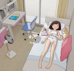 1girl brown_hair camisole cat chair desk electric_fan indoors kiyo_(kyokyo1220) lying magazine_(object) on_back on_bed original panties short_hair sleeping solo underwear white_camisole white_panties