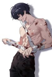 Rule 34 | 1boy, abs, bandaged arm, bandaged torso, bandages, black nails, black pants, black shirt, blood, blood on arm, blood on stomach, character request, collarbone, commentary, copyright request, cowboy shot, highres, jewelry, ma mori74, male focus, necklace, nipples, pants, pectorals, shirt, simple background, solo, toned, toned male, topless male, white background
