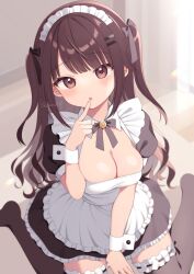 1girl alternate_costume apron artist_name between_legs black_dress black_ribbon black_thighhighs blush breasts brown_hair cleavage collarbone dress enmaided finger_to_mouth frilled_apron frilled_dress frills grey_eyes hair_ornament hair_ribbon hairclip hand_between_legs hand_up head_tilt highres large_breasts long_hair looking_at_viewer maid maid_apron maid_headdress mao-chan_(uramakaron) neck_ribbon open_mouth original puffy_short_sleeves puffy_sleeves red_pupils ribbon short_sleeves sitting solo thighhighs two_side_up uramakaron wariza white_apron wrist_cuffs