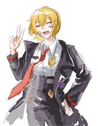 1girl arm_up badge bandage_on_face bandages black_coat blonde_hair closed_eyes coat collared_shirt don_quixote_(project_moon) double-parted_bangs grin hair_between_eyes hand_on_own_hip highres kanakaein29903 lcb_uniform_(project_moon) limbus_company necktie open_clothes open_coat project_moon red_necktie shirt smile solo v white_shirt