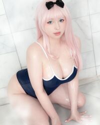 1girl bathroom blue_eyes breasts cleavage cosplay cosplay_photo fujiwara_chika fujiwara_chika_(cosplay) kaguya-sama_wa_kokurasetai_~tensai-tachi_no_renai_zunousen~ large_breasts long_hair looking_at_viewer one-piece_swimsuit photo_(medium) pink_hair real_life swimsuit yoshinobi_cos