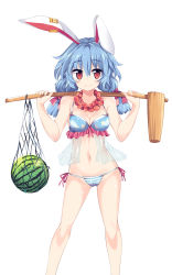 1girl animal_ears bikini blue_bikini blue_hair blush breasts cleavage contrapposto female_focus food fruit hair_ribbon highres kine long_hair low_twintails mallet maturiuta_sorato navel net rabbit_ears red_eyes ribbon see-through_clothes seiran_(touhou) side-tie_bikini_bottom simple_background smile solo standing striped_bikini striped_clothes swimsuit touhou twintails watermelon white_background