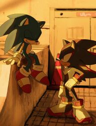 2boys absurdres bracelet closed_eyes closed_mouth concrete frown furry furry_male gloves grin hand_on_own_hip hedgehog_boy highres jewelry looking_at_another male_focus multiple_boys red_eyes red_shoes shadow_the_hedgehog shoes sideways_mouth smile sonic_(series) sonic_the_hedgehog standing teeth unneul white_gloves white_shoes