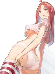 1girl ass bare_shoulders breasts covered_erect_nipples crop_top dutch_angle from_below large_breasts lips long_hair looking_to_the_side mole mole_under_mouth off-shoulder_shirt off_shoulder original panties pink_lips pink_shirt red_eyes red_hair shiratama_(monster1553) shirt short_sleeves simple_background skindentation solo striped_clothes striped_thighhighs thighhighs topknot underboob underwear unworn_eyewear white_background white_panties thumbnail