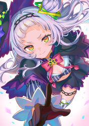 1girl absurdres black_gloves black_hat breasts cleavage closed_mouth fluffycatfish gloves hat highres hololive long_hair murasaki_shion navel purple_hair simple_background small_breasts solo tears virtual_youtuber white_background witch_hat yellow_eyes