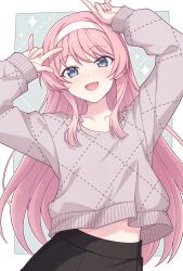 1girl :d arms_up bang_dream! bang_dream!_it&#039;s_mygo!!!!! black_skirt blue_eyes blush border chihaya_anon collarbone commentary_request e20 fang grey_eyes grey_sweater hairband highres long_hair long_sleeves looking_at_viewer open_mouth outside_border partial_commentary pink_hair pleated_skirt puffy_long_sleeves puffy_sleeves skin_fang skirt sleeves_past_wrists smile solo sweater white_border white_hairband