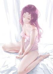 Rule 34 | 1girl, absurdres, aisha greyrat, alternate costume, bare arms, bare legs, bare shoulders, barefoot, closed mouth, forehead, green eyes, green panties, highres, long hair, mushoku tensei, no pants, panties, pink tank top, purple hair, ronuma, sitting, solo, tank top, underwear, wariza