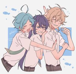 3boys :d ahoge anger_vein annoyed antenna_hair belt blue_background blue_necktie blush brown_belt bubble cheek_squash closed_eyes collared_shirt cropped_legs curled_fingers ensemble_stars! fish flying_sweatdrops green_necktie grey_pants hair_between_eyes hair_intakes hakaze_kaoru hand_on_another&#039;s_shoulder hand_on_own_arm hand_up highres hug hug_from_behind kanzaki_souma leaning_forward leaning_on_person long_hair looking_at_another male_focus medium_hair multiple_boys necktie open_mouth pants parted_bangs plaid_clothes plaid_pants ponytail purple_eyes purple_hair pushing raised_eyebrows school_uniform shinkai_kanata shirt shirt_tucked_in short_hair short_sleeves sidelocks smile summer_uniform sweatdrop v-shaped_eyebrows very_long_hair white_background white_shirt whiten_wolf wolf_cut yumenosaki_school_uniform