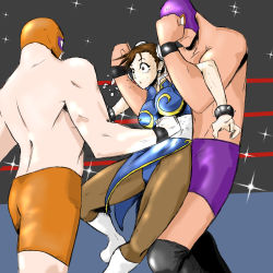 1girl 2boys absurdres battle belly_punch boots bracelet breasts brown_hair bun_cover capcom china_dress chinese_clothes chun-li double_bun dress fighting ghost13 highres holding multiple_boys muscular open_mouth pain panties pantyhose punching restrained ryona spiked_bracelet spikes street_fighter sweat tears thighs trembling underwear wrestler wrestling wrestling_ring