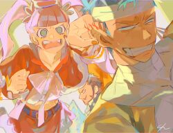 1girl 2boys bandages beard blunt_bangs bow bowtie capelet clenched_teeth commentary_request crown dracule_mihawk earrings facial_hair green_hair jewelry multiple_boys mustache newspaper one_piece perona red_capelet red_skirt roronoa_zoro senzzang short_hair signature skirt teeth twintails