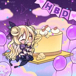 Rule 34 | 1girl, absurdres, blonde hair, cake, chibi, date a live, food, hair bun, highres, hoshimiya mukuro, long hair, ribbon, solo, yellow eyes