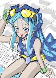 1girl blue_eyes blue_hair blush digimon digimon_(creature) female_focus goggles goggles_on_head happy hudiemon long_hair looking_at_viewer open_mouth ph6xeivbgpimggg pool school_swimsuit smile solo swimsuit tinted_eyewear yellow-tinted_eyewear