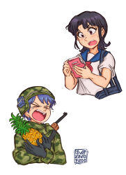 Rule 34 | &gt; &lt;, 2girls, amakazari eri, artist name, bag, black gloves, black hair, blue hair, brown eyes, camouflage, camouflage jacket, city (arawi keiichi), closed eyes, duffel bag, food, fruit, gloves, gun, gun on back, highres, holding, holding food, jacket, makabe matsuri, multiple girls, open mouth, pineapple, school uniform, short hair, simple background, subzerofrog, teeth, tongue, upper teeth only, weapon, weapon on back, white background