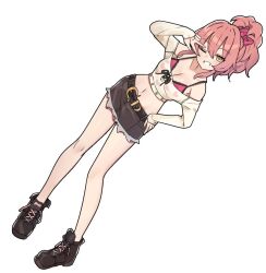 1girl aa211108 bare_shoulders belt_buckle blush bra breasts brown_shoes buckle cleavage collarbone denim denim_skirt full_body fur-trimmed_skirt fur_trim grin hair_between_eyes hand_on_own_hip highres idolmaster idolmaster_cinderella_girls jougasaki_mika long_hair looking_at_viewer medium_breasts navel off-shoulder_shirt off_shoulder one_eye_closed pink_bra pink_hair ponytail shirt shoes skirt smile solo thighs underwear v white_background white_shirt yellow_eyes