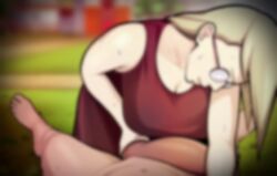 1boy 1girl age_difference blonde_hair blurry boruto:_naruto_next_generations clothed_female_nude_male clothed_sex glasses grabbing highres hokage&#039;s_adopted_son huge_penis kimkun0162 lying naruto_(series) nude penis pov shiho_(naruto) size_difference smile sweat testicle_grab testicles