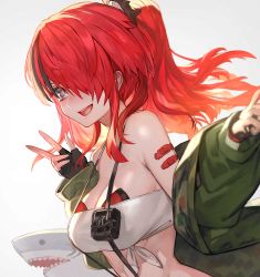 1girl :d bandeau bare_shoulders black_gloves black_hair breasts cleavage commentary_request fingerless_gloves gloves gradient_background green_jacket grey_background grey_eyes hair_over_one_eye hands_up highres jacket lack lain_paterson lain_paterson_(1st_costume) large_breasts long_hair long_sleeves looking_at_viewer midriff multicolored_hair nijisanji off_shoulder open_clothes open_jacket open_mouth partial_commentary ponytail pouch red_hair smile solo strapless streaked_hair stuffed_animal stuffed_shark stuffed_toy suspenders tube_top upper_body virtual_youtuber w